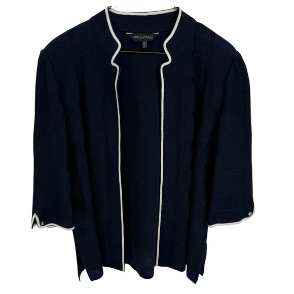 Ming Wang Jacket size M Open Front Lagenlook Mid Length Textured Knit Navy Blue - Picture 1 of 7